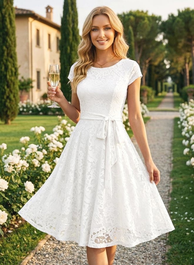 MUADRESS Women Cap-Sleeve Lace Floral Elegant Cocktail Dress Crew Neck Knee Length Bridesmaid Prom Dresses for Party White M - Image 5
