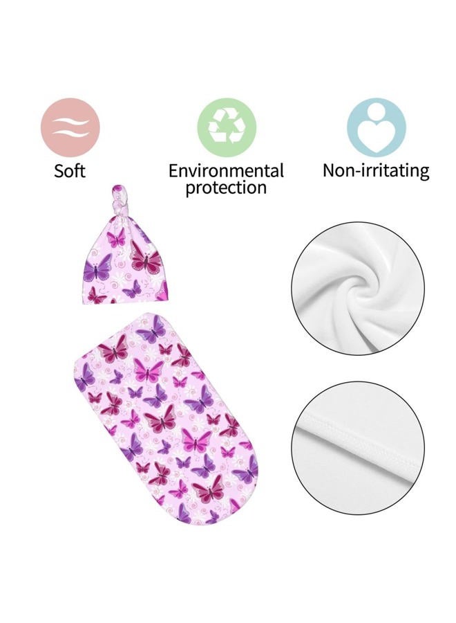 Lcokin Butterfly Cartoon Cute Baby Stuff Purple and Pink Swaddle Blanket Newborn Baby Swaddling Blanket Sleep Sack with Beanie Hat Sets Gifts for Boys Girls Infant and Baby Shower Unisex - Image 5