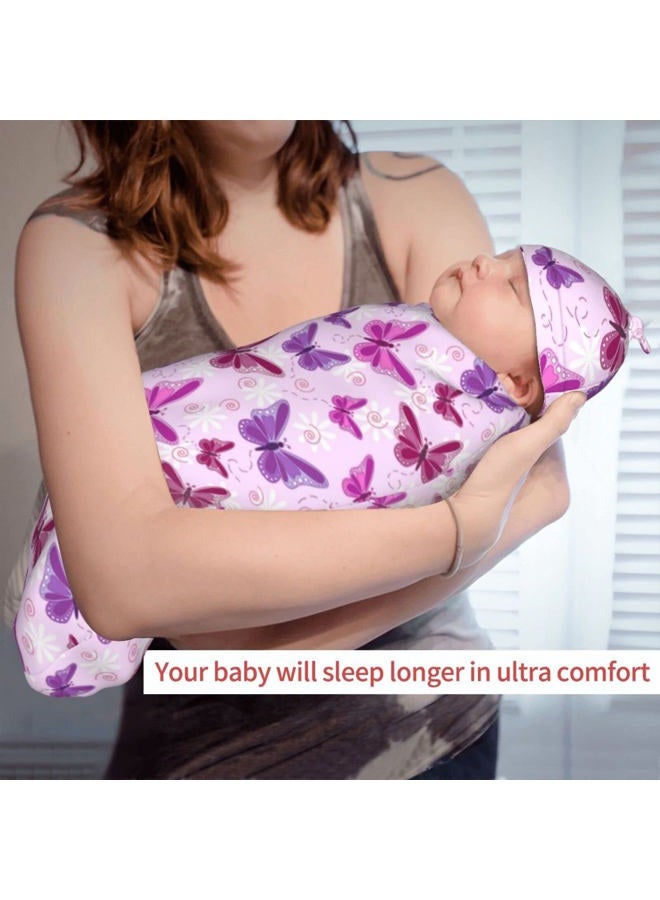Lcokin Butterfly Cartoon Cute Baby Stuff Purple and Pink Swaddle Blanket Newborn Baby Swaddling Blanket Sleep Sack with Beanie Hat Sets Gifts for Boys Girls Infant and Baby Shower Unisex - Image 2