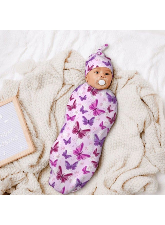 Lcokin Butterfly Cartoon Cute Baby Stuff Purple and Pink Swaddle Blanket Newborn Baby Swaddling Blanket Sleep Sack with Beanie Hat Sets Gifts for Boys Girls Infant and Baby Shower Unisex - Image 4