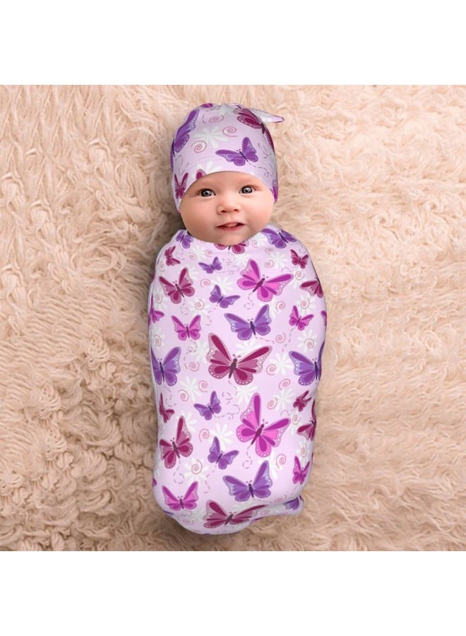 Lcokin Butterfly Cartoon Cute Baby Stuff Purple and Pink Swaddle Blanket Newborn Baby Swaddling Blanket Sleep Sack with Beanie Hat Sets Gifts for Boys Girls Infant and Baby Shower Unisex - Image 3