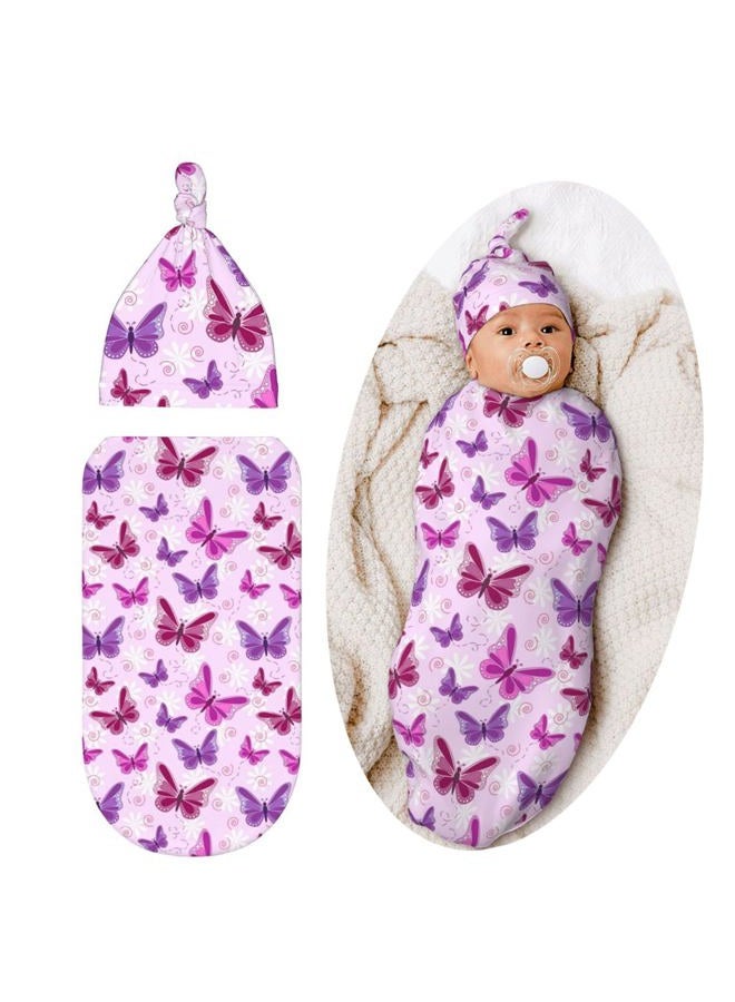 Lcokin Butterfly Cartoon Cute Baby Stuff Purple and Pink Swaddle Blanket Newborn Baby Swaddling Blanket Sleep Sack with Beanie Hat Sets Gifts for Boys Girls Infant and Baby Shower Unisex - Image 1