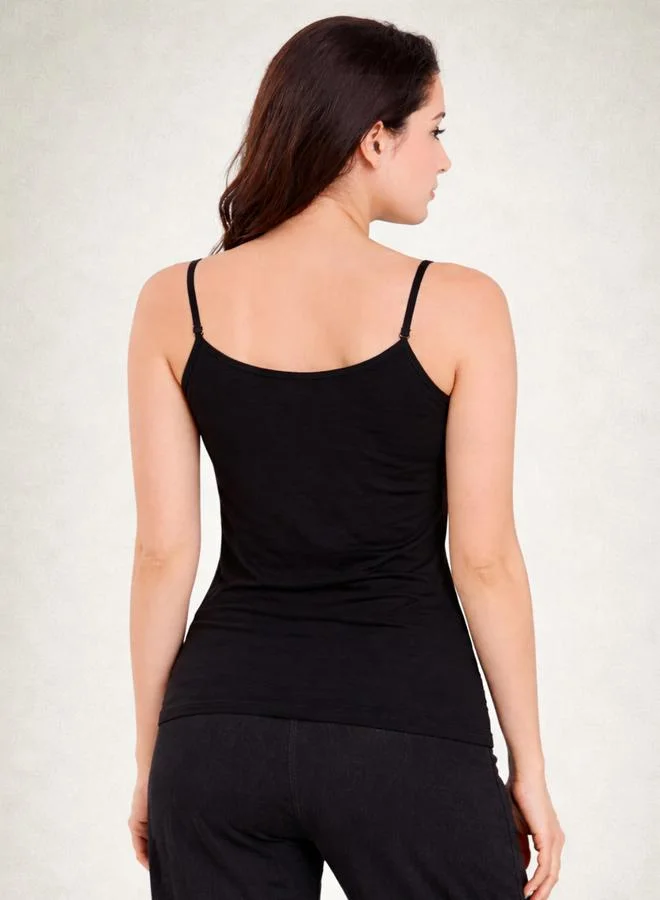 Take Two Black Solid Soft Cotton Adjustable Strap Cami By Lazzycat