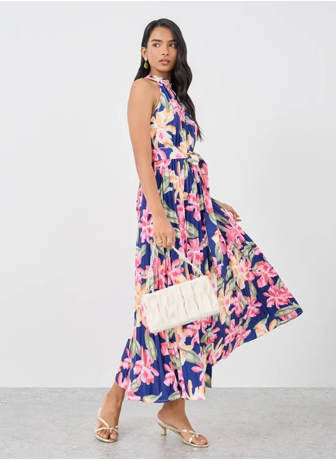 Take Two Take Two Sleeveless Floral Print Pleated Belted Maxi Dress