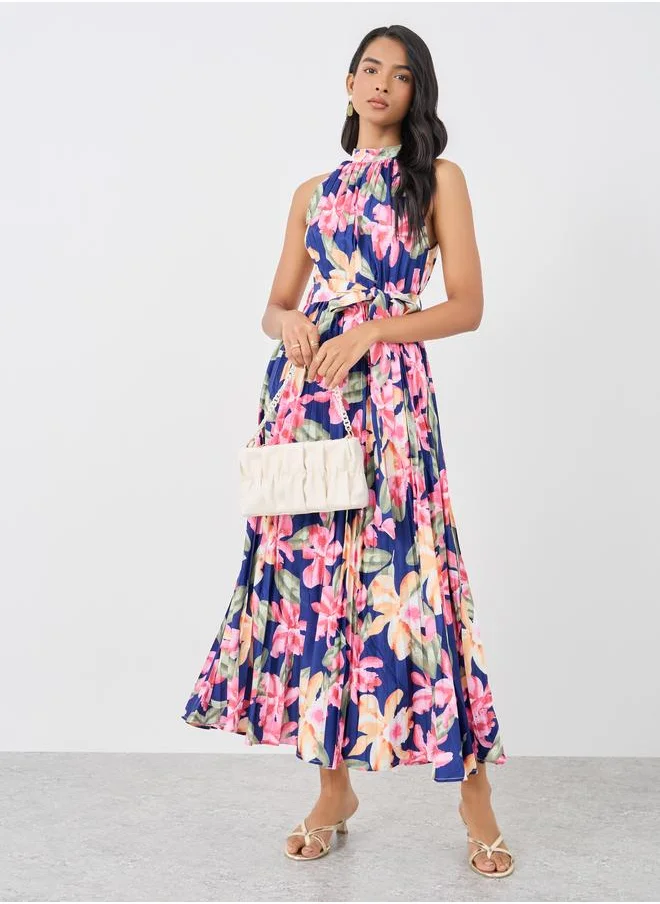 Take Two Take Two Sleeveless Floral Print Pleated Belted Maxi Dress