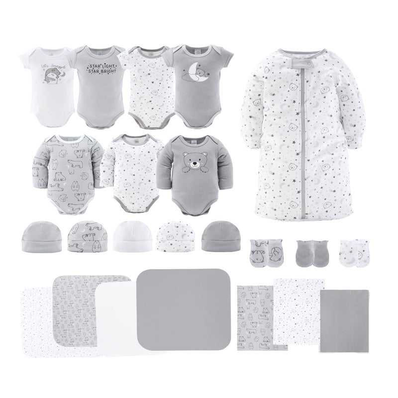 The Peanutshell Baby Layette Gift Set for Baby Girls 23 Piece New Born Girl Gift Set Clothes Newborn Essentials Must Haves Girl Clothes 03 Months Grey Celestial Bear