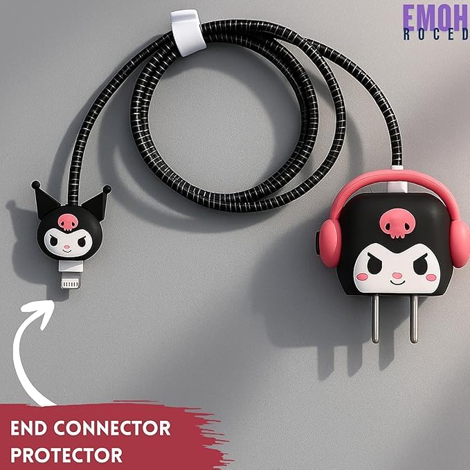 EMOH ROCED Cute Cartoon 3-in-1 20 W Charger Cover Compatible with iPhone Adapter – Compact, Durable, Portable & Protective Case with Cable Protector (Black Kitty Headphones) - Image 2