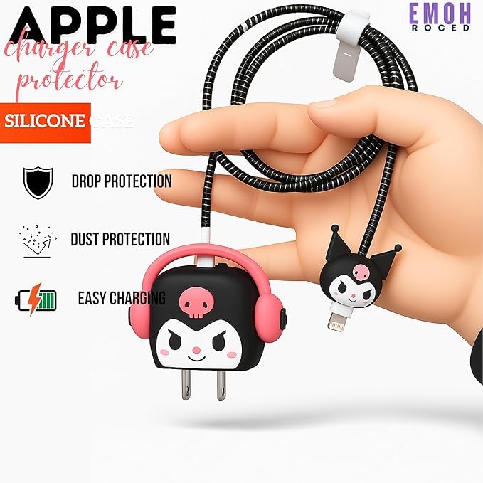 EMOH ROCED Cute Cartoon 3-in-1 20 W Charger Cover Compatible with iPhone Adapter – Compact, Durable, Portable & Protective Case with Cable Protector (Black Kitty Headphones) - Image 5