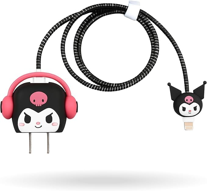 EMOH ROCED Cute Cartoon 3-in-1 20 W Charger Cover Compatible with iPhone Adapter – Compact, Durable, Portable & Protective Case with Cable Protector (Black Kitty Headphones) - Image 1
