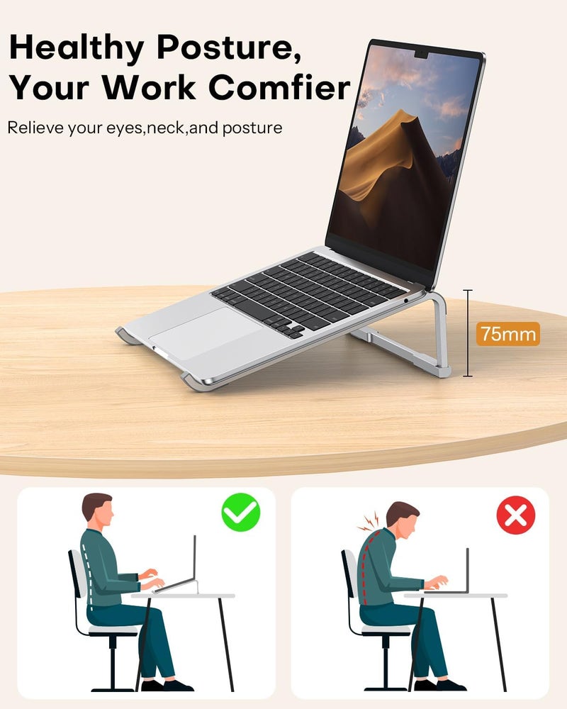 Omoton Portable Laptop Stand for Desk, Foldable Aluminum Laptop Riser, Ergonomic Computer Stand Compatible with for MacBook Pro/Air, Dell, HP, Lenovo, 10-17.3'' (Silver) - Image 2