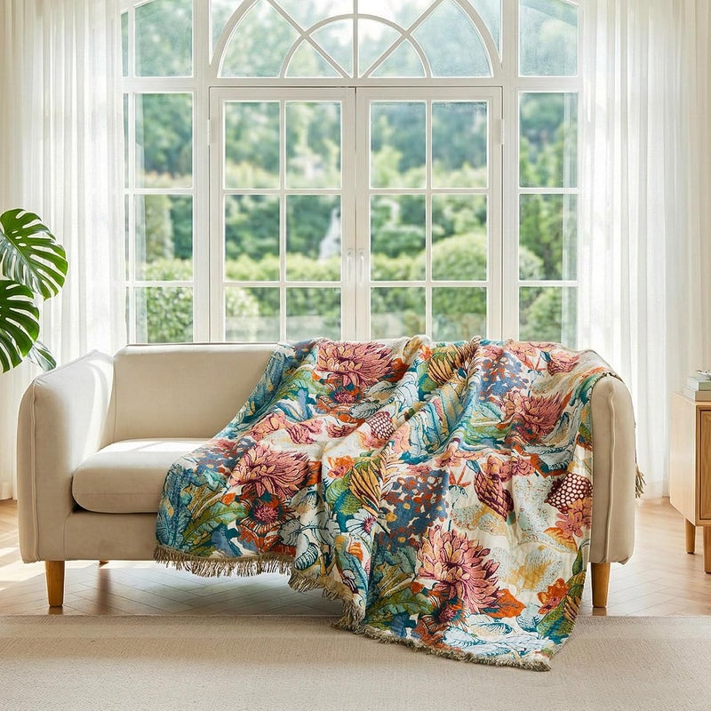 LUTBM Boho Throw Blanket for Bed Cotton Blankets Twin Size for Bedroom Living Room All Season Lightweight Botanical Floral Embroidery Quilt for Couch Sofa Chair 60"x80" - Image 4