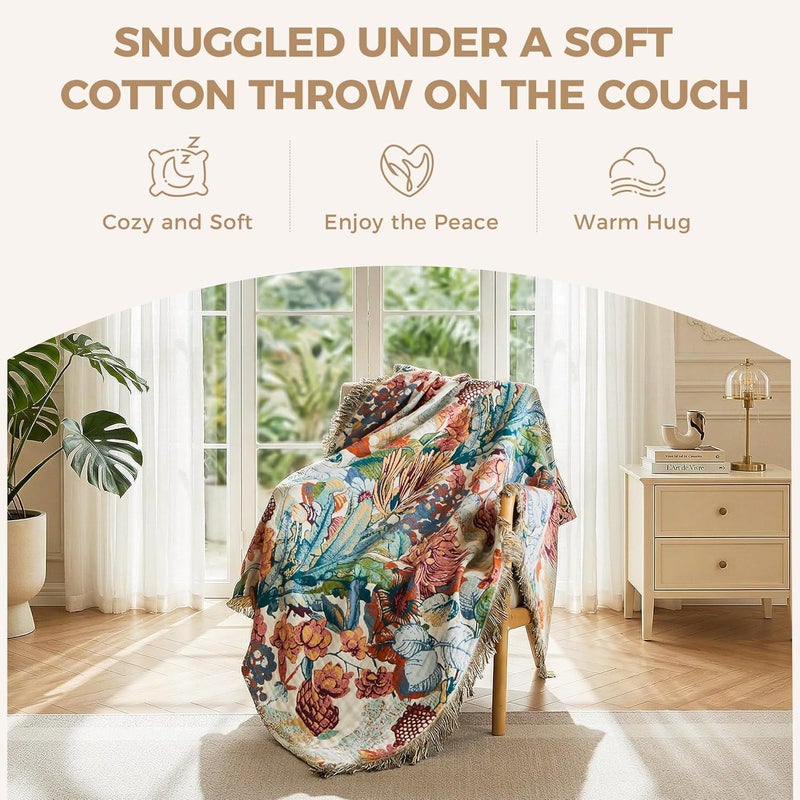 LUTBM Boho Throw Blanket for Bed Cotton Blankets Twin Size for Bedroom Living Room All Season Lightweight Botanical Floral Embroidery Quilt for Couch Sofa Chair 60"x80" - Image 5