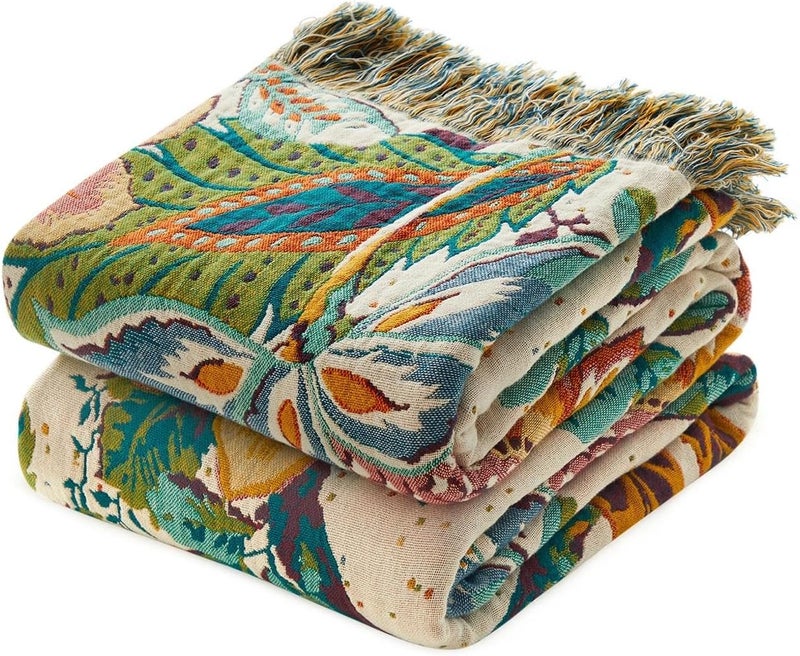 LUTBM Boho Throw Blanket for Bed Cotton Blankets Twin Size for Bedroom Living Room All Season Lightweight Botanical Floral Embroidery Quilt for Couch Sofa Chair 60"x80" - Image 1