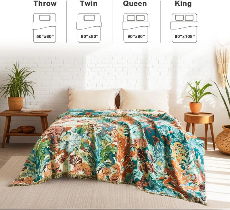LUTBM Boho Throw Blanket for Bed Cotton Blankets Twin Size for Bedroom Living Room All Season Lightweight Botanical Floral Embroidery Quilt for Couch Sofa Chair 60"x80" - Image 3