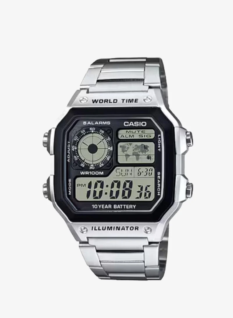 Casio Men's Digital Display Watch With Silver Stainless Steel Strap - AE-1200WHD-1A