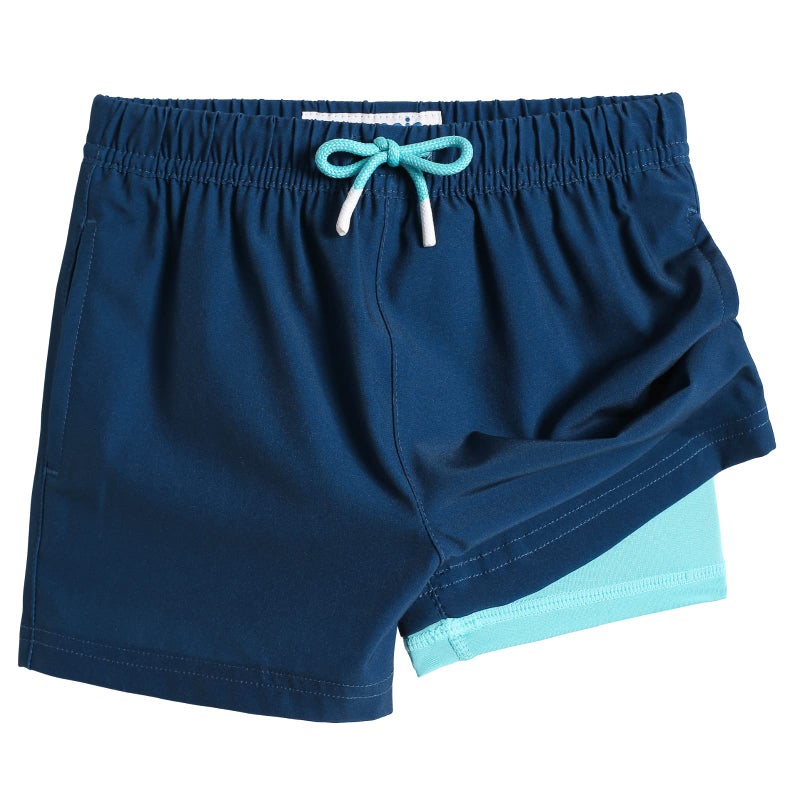 maamgic Boys Swim Trunks with Compression Liner Toddler Stretch Swim Shorts Quick Dry Swimming Trunks Boxer Brief 2 in 1 Beach Shorts Navy Lake Blue 3T - Image 1