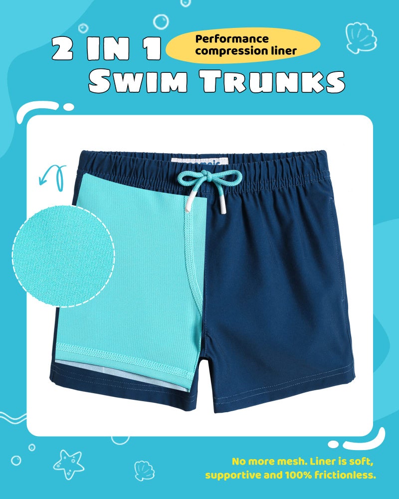 maamgic Boys Swim Trunks with Compression Liner Toddler Stretch Swim Shorts Quick Dry Swimming Trunks Boxer Brief 2 in 1 Beach Shorts Navy Lake Blue 3T - Image 3
