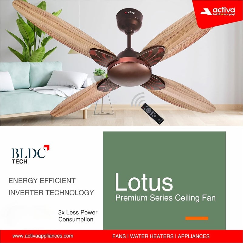 Activa Premium Series Lotus 1200 MM Noiseless 380 RPM High Speed BLDC Motor (28 Watts) with Remote control Wood Ceiling Fan With Wooden Finish come with 5 Years Warranty (RoseWood) - Image 2