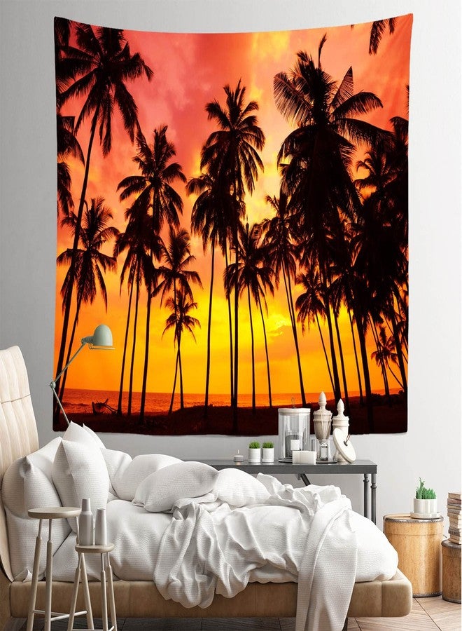 Loccor Beach Sunset Tapestry Coconut Palm Tree Silhouette Tropical Hawaii Summer Scenery Seaside Tapestry Wall Hanging Trippy Orange Black Wall Art for Bedroom Living Room Dorm Home Decor 80x60inch - Image 3