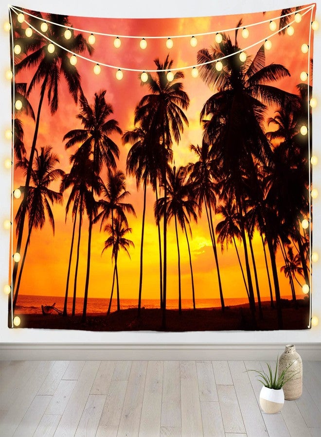 Loccor Beach Sunset Tapestry Coconut Palm Tree Silhouette Tropical Hawaii Summer Scenery Seaside Tapestry Wall Hanging Trippy Orange Black Wall Art for Bedroom Living Room Dorm Home Decor 80x60inch - Image 1