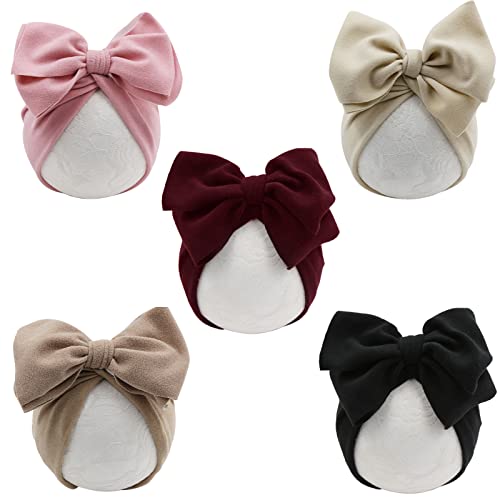 DRESHOW BQUBO 5 PCS Baby Cotton Hats Big Bow Knotted Headwrap Turban Baby Infant Beanie Baby Girl Soft Cute Toddler Cap for Winter - Image 1