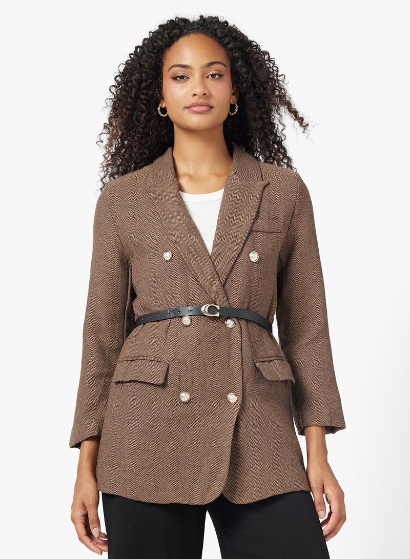 جينجر بليزر كلاسيكي طويل بحزام كاروهات - Image 1