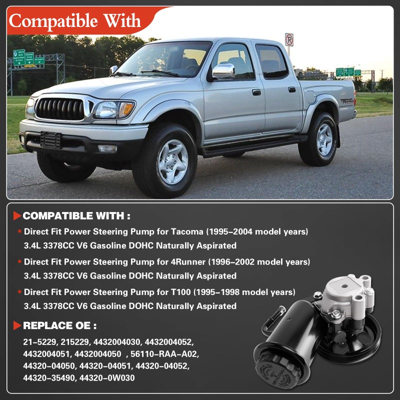 DWLDMLWC Power Steering Pump Assembly with Pulley & Reservoir, Compatible with 1995-2004 Toyota Tacoma V6 3.4L,1996-2002 4Runner V6 3.4L,1995-1998 T100 V6 3.4L,Replaces 21-5229 4432004030 4432004052 - Image 2