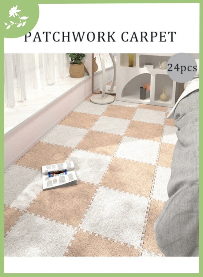 24PCS Plush Puzzle Foam Floor Mat for Kids- Thick Interlocking Fluffy Tiles with Border Square Rug Split Joint Soft Climbing Carpet Mats Area Rug for Room Floor（White + Camel） - Image 1