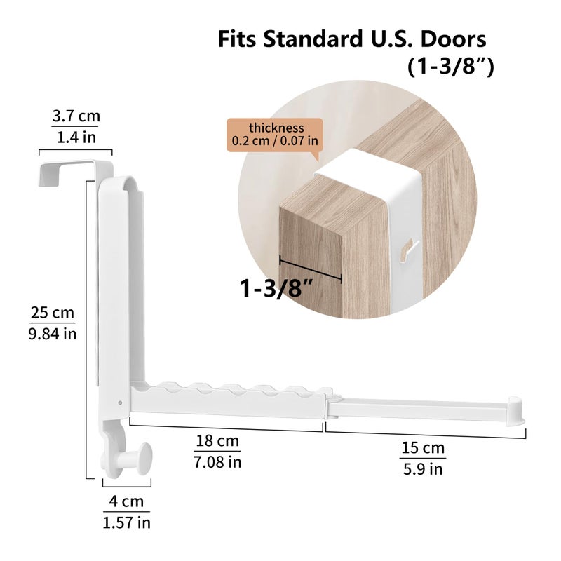 RFOUO Clothes Drying Rack Foldable Fit Door up to 1 3/8" Optimal 1pc,Over The Door Hanger with Retractable Rod,Over The Door Hanger Hooks for Laundry Bathroom Bedroom Travel Hangers(White, 1 Pack) - Image 2