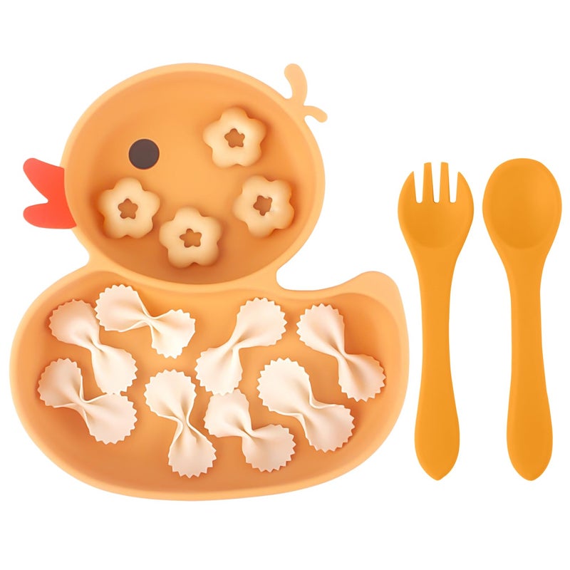 Qshare Powerful Suction Plates For Baby And Toddler Baby Divided Plate Thanksgiving Plates With Fork And Spoon Duck Baby Plate Non-Slip Bpa Free Microwave & Dishwasher Safe (Orange) - Image 1