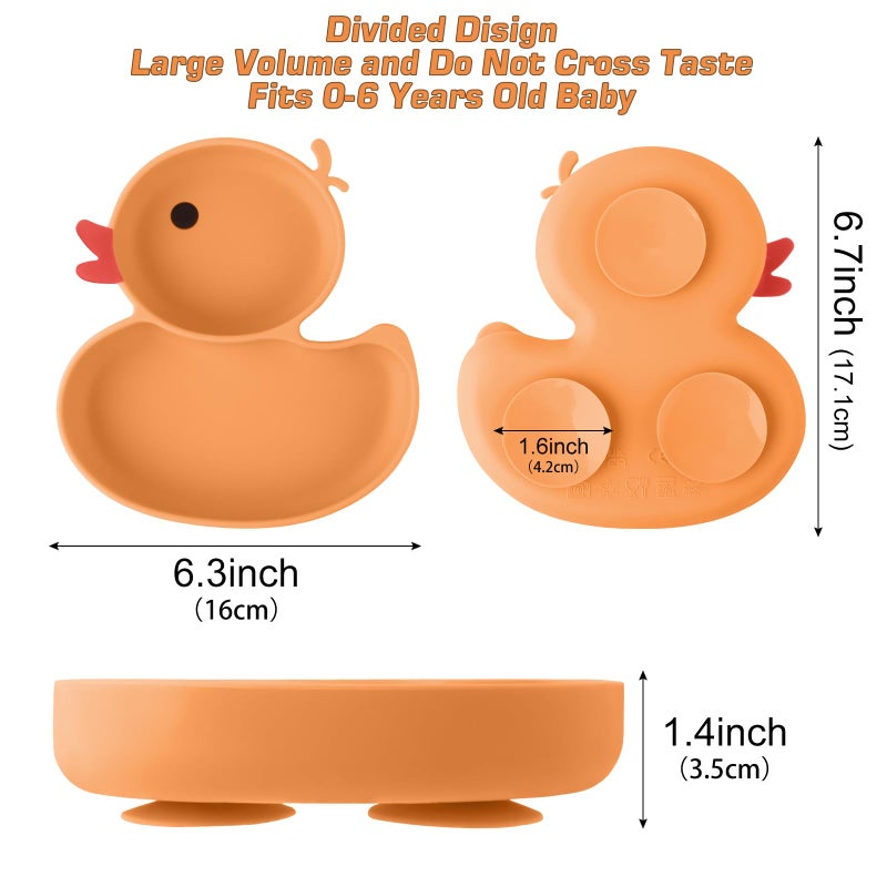 Qshare Powerful Suction Plates For Baby And Toddler Baby Divided Plate Thanksgiving Plates With Fork And Spoon Duck Baby Plate Non-Slip Bpa Free Microwave & Dishwasher Safe (Orange) - Image 2