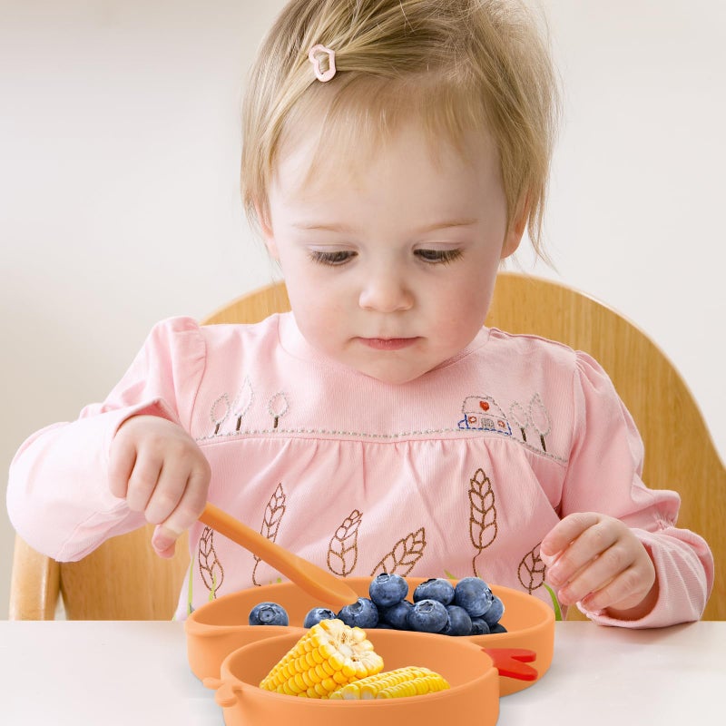 Qshare Powerful Suction Plates For Baby And Toddler Baby Divided Plate Thanksgiving Plates With Fork And Spoon Duck Baby Plate Non-Slip Bpa Free Microwave & Dishwasher Safe (Orange) - Image 3