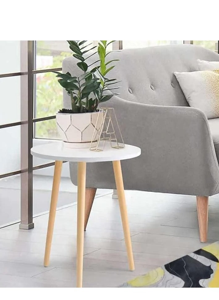 Aralifes Mini Round Side Table Coffee Table for Bedroom/Living Room with Natural Wood Legs White  42*40CM  - Image 3