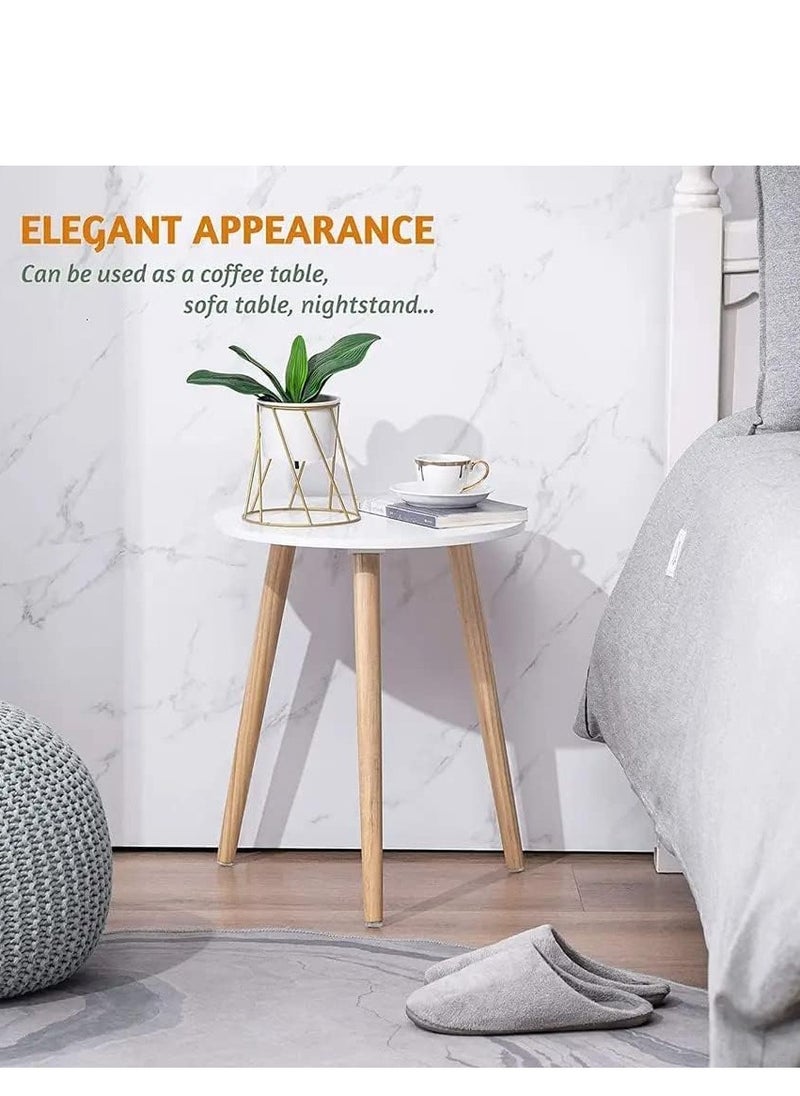 Aralifes Mini Round Side Table Coffee Table for Bedroom/Living Room with Natural Wood Legs White  42*40CM  - Image 2