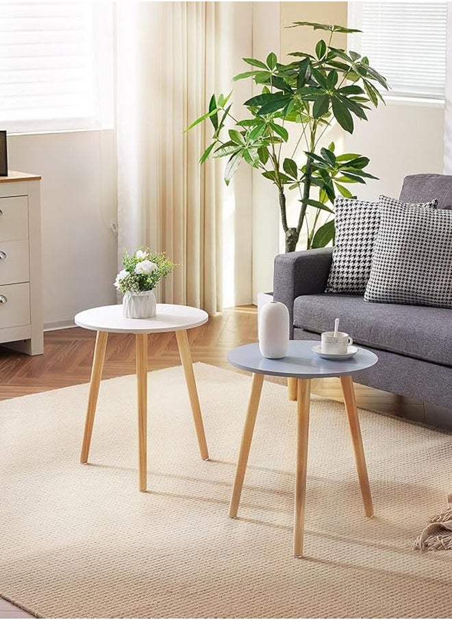 Aralifes Mini Round Side Table Coffee Table for Bedroom/Living Room with Natural Wood Legs White  42*40CM  - Image 4