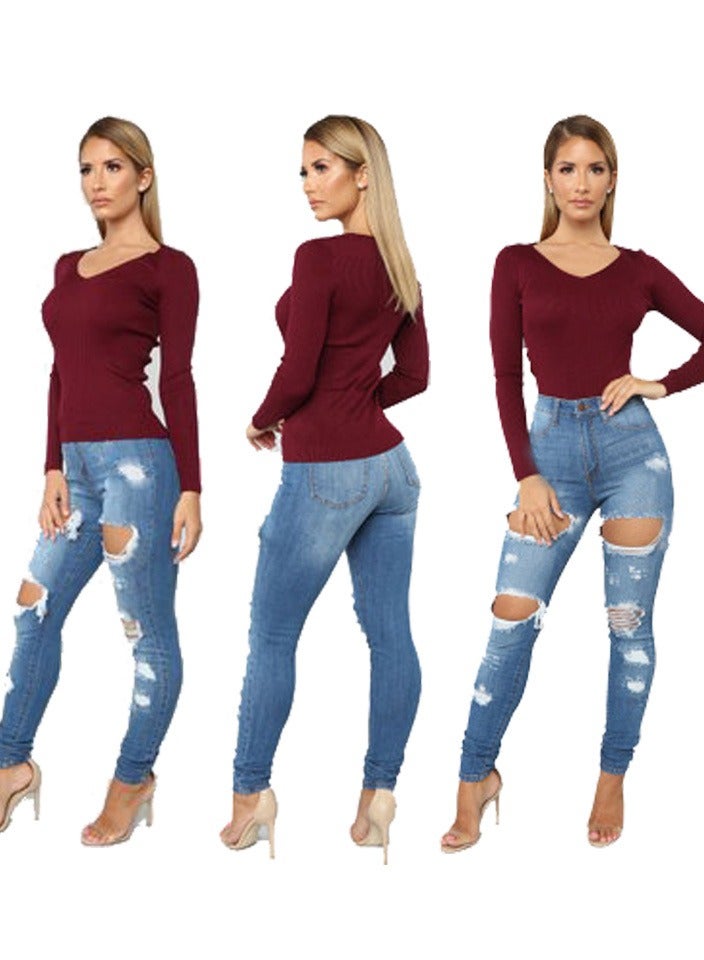 Loquat Ripped Mid-waist Small-legged Women's Jeans  - Image 2