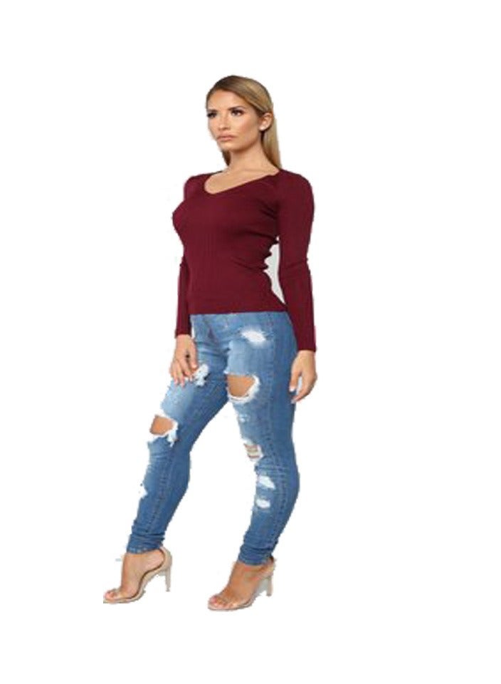 Loquat Ripped Mid-waist Small-legged Women's Jeans  - Image 1