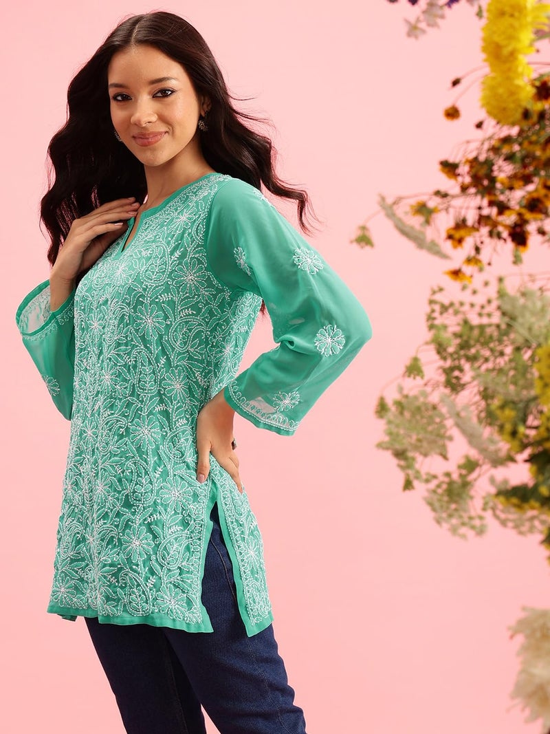 Ada Women Hand Embroidered Georgette Regular Fit Lucknow Chikankari Short Kurti Top A911224 (XL,Sea Green) - Image 4