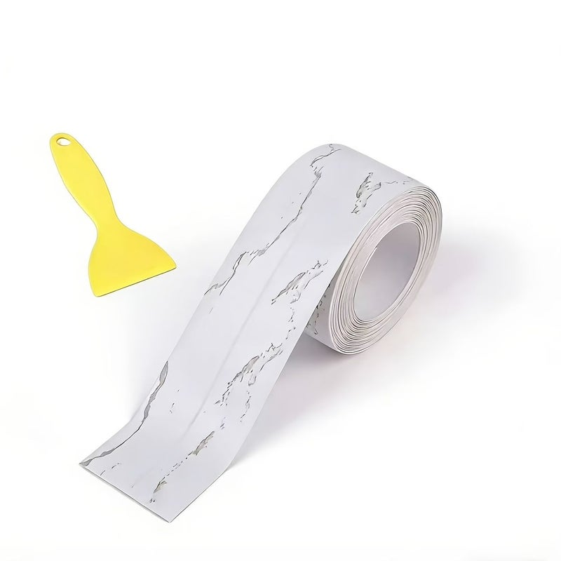 One Roll 196.85 Inch Self Adhesive PVC Marble Waterproof Sealing Tape With Yellow Stain Scraper For Kitchen Stove Sink Bathroom Toilet Decoration And Repair - Image 4