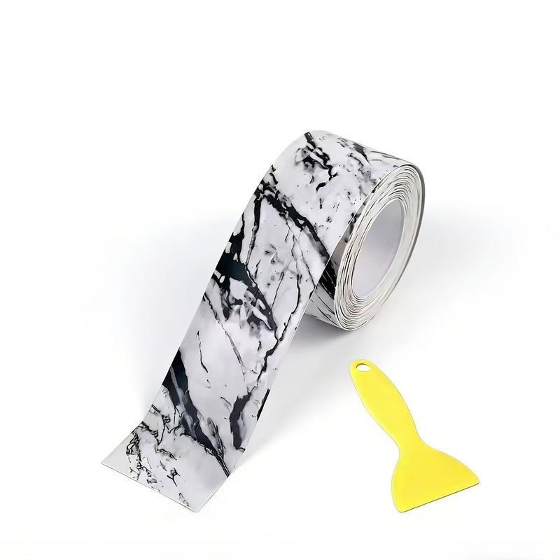 One Roll 196.85 Inch Self Adhesive PVC Marble Waterproof Sealing Tape With Yellow Stain Scraper For Kitchen Stove Sink Bathroom Toilet Decoration And Repair - Image 3