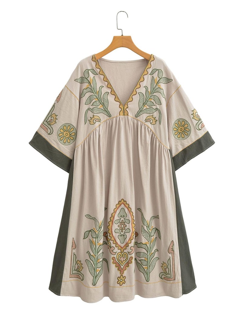 Joiemont Womens Oversized Floral Embroidered Long Dress with V-Neck and 3/4 Sleeves Vintage Embroidery Babydoll Dress(0652-Olive-L) - Image 2