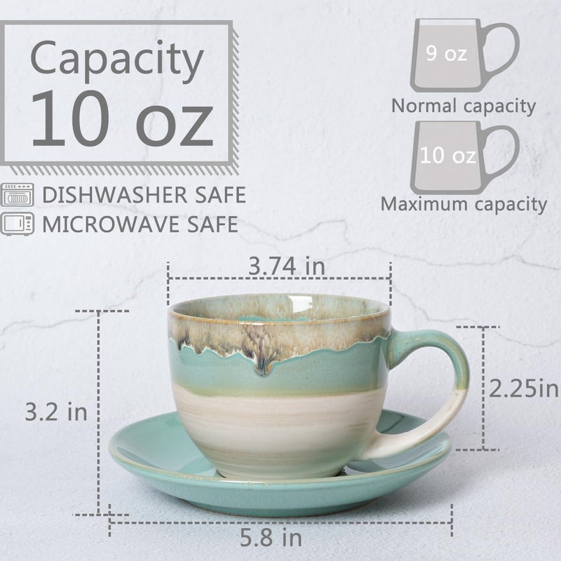 Bosmarlin طقم أكواب وصحون كابتشينو سيراميك بوسمارلين من 2 10 أونص لقهوتك اللاتيه والإسبريسو والشاي آمن في غسالة الصحون والميكروويف بطلاء تفاعلي أخضر - Image 2