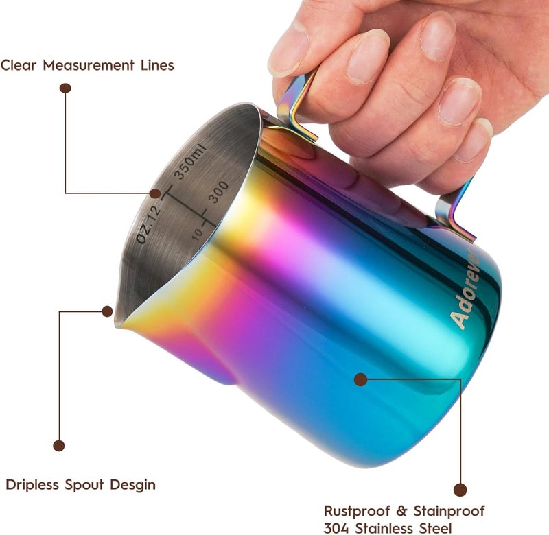 Adorever Milk Frothing Pitcher Colorful 350ml (12oz) Steaming Pitchers Stainless Steel Milk Coffee Cappuccino Latte Art Barista Steam Pitchers Milk Jug Cup with Decorating Art Pen Heat insulation layer - Image 3