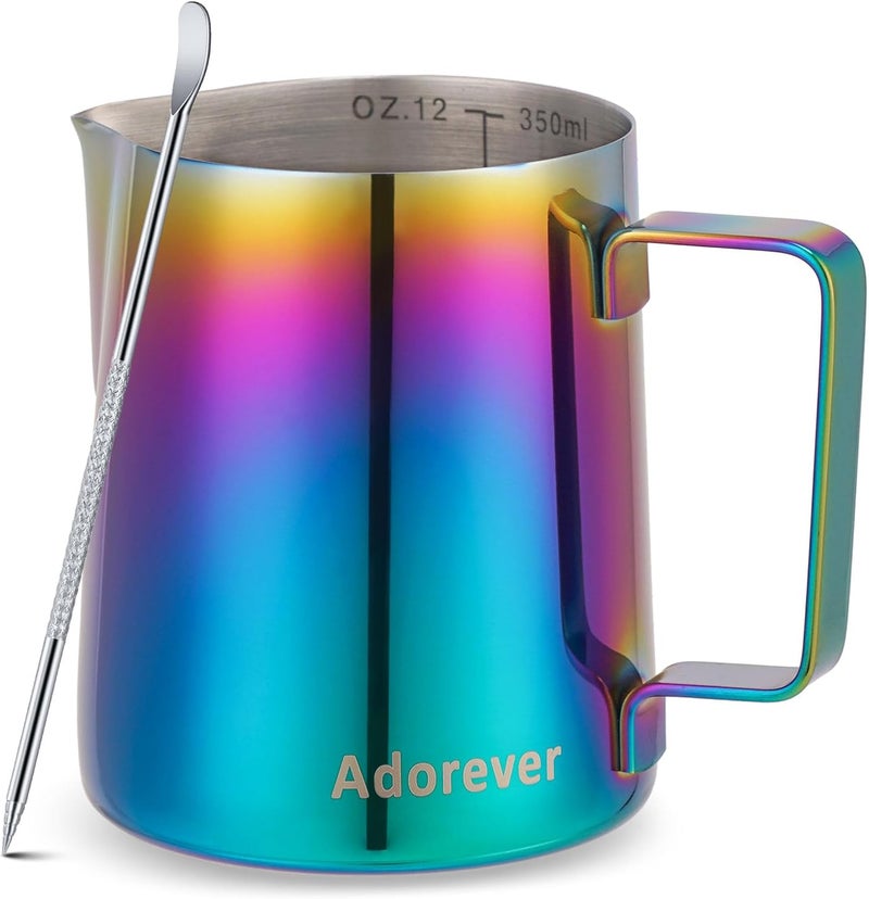 Adorever Milk Frothing Pitcher Colorful 350ml (12oz) Steaming Pitchers Stainless Steel Milk Coffee Cappuccino Latte Art Barista Steam Pitchers Milk Jug Cup with Decorating Art Pen Heat insulation layer - Image 1