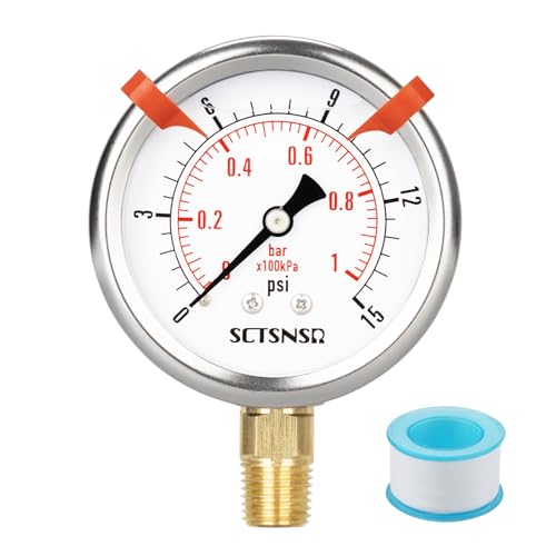 SCTSNSR 0 to 15 Psi Pressure Gauge, Glycerin Liquid Filled, 2.5 inch Dial, 1/4" NPT Lower Mount, Stainless Steel Case, for ATV Tire, HVAC Pipe, Well Tank, Fuel, Coolant, Nitrogen, Low Pressure Test - Image 1