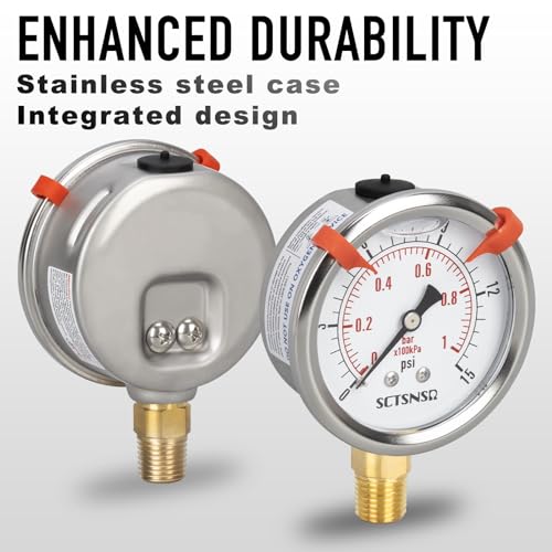 SCTSNSR 0 to 15 Psi Pressure Gauge, Glycerin Liquid Filled, 2.5 inch Dial, 1/4" NPT Lower Mount, Stainless Steel Case, for ATV Tire, HVAC Pipe, Well Tank, Fuel, Coolant, Nitrogen, Low Pressure Test - Image 3