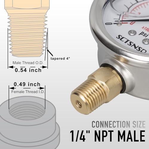 SCTSNSR 0 to 15 Psi Pressure Gauge, Glycerin Liquid Filled, 2.5 inch Dial, 1/4" NPT Lower Mount, Stainless Steel Case, for ATV Tire, HVAC Pipe, Well Tank, Fuel, Coolant, Nitrogen, Low Pressure Test - Image 5