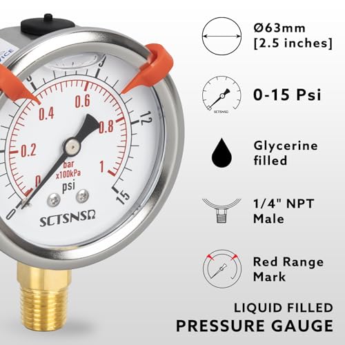 SCTSNSR 0 to 15 Psi Pressure Gauge, Glycerin Liquid Filled, 2.5 inch Dial, 1/4" NPT Lower Mount, Stainless Steel Case, for ATV Tire, HVAC Pipe, Well Tank, Fuel, Coolant, Nitrogen, Low Pressure Test - Image 2