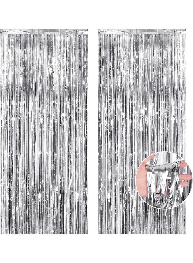 FI - FLICK IN SilverTinsel Foil Fringe Backdrop Curtain, Streamer Backdrop Curtains, Streamers Birthday Party Decorations, Tinsel Curtain for Parties, Photo Booth Backdrops (Pack of 2) - Image 1