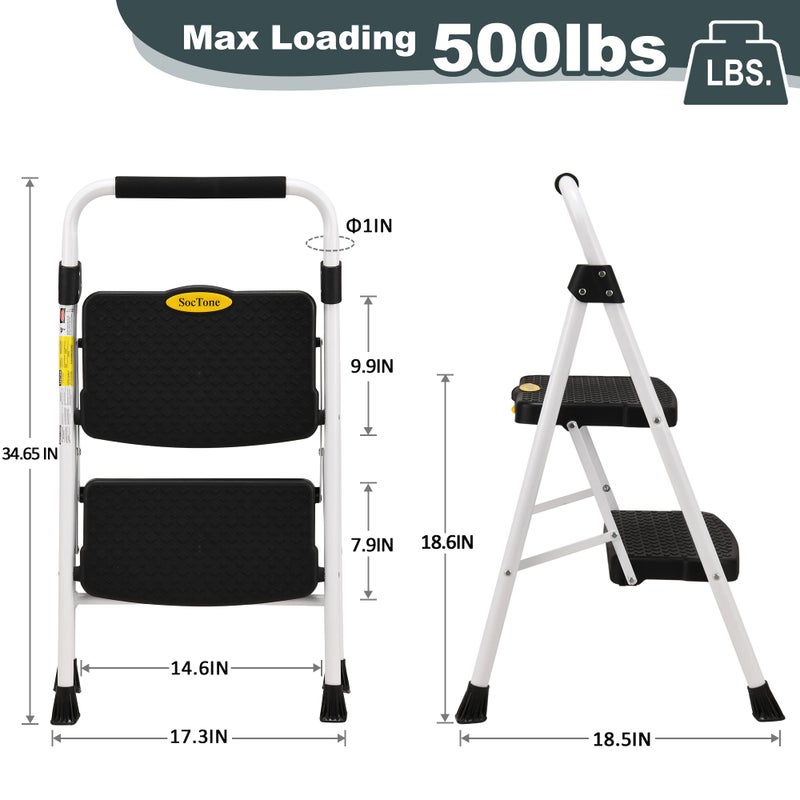 SocTone 2 Step Ladder, Folding Step Stool for Adults with Handle, Lightweight, Perfect for Kitchen& Household, 500lbs Capacity Sturdy Steel Ladder, White - Image 5